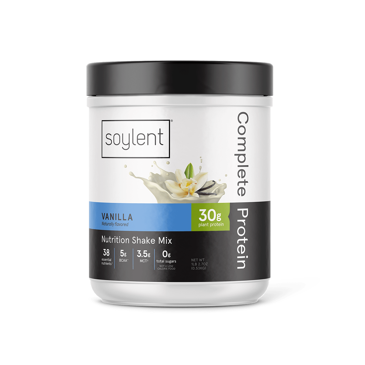 Vanilla Soylent Complete Protein Powder in a conveniently packaged tub.